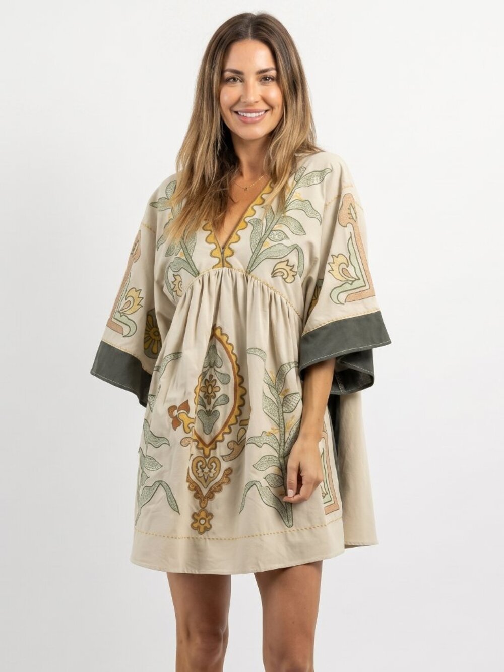 Women's Vintage Embroidered Babydoll Dress Oversized V Neck Boho Tunic Mini